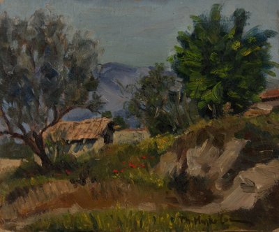 Landscape in Philadelphia with Parnitha Background — Oil painting, Fiberboard, 24.50×29.50cm — Theodoros Markellos